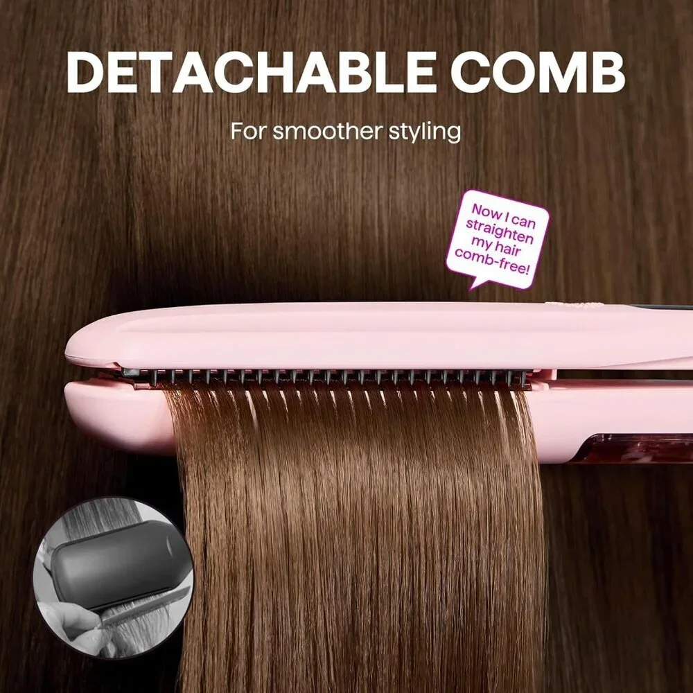 Steam Hair Straightener Titanium Flat Iron with Detachable Comb Pink - Picture 4 of 7